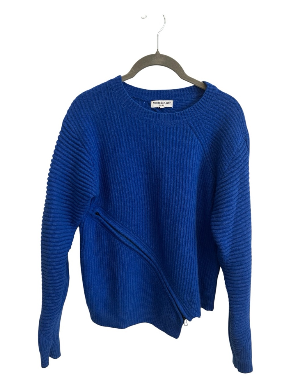 Opening Ceremony Cobalt Blue Ribbed Crewneck Sweater with Diagonal Zip